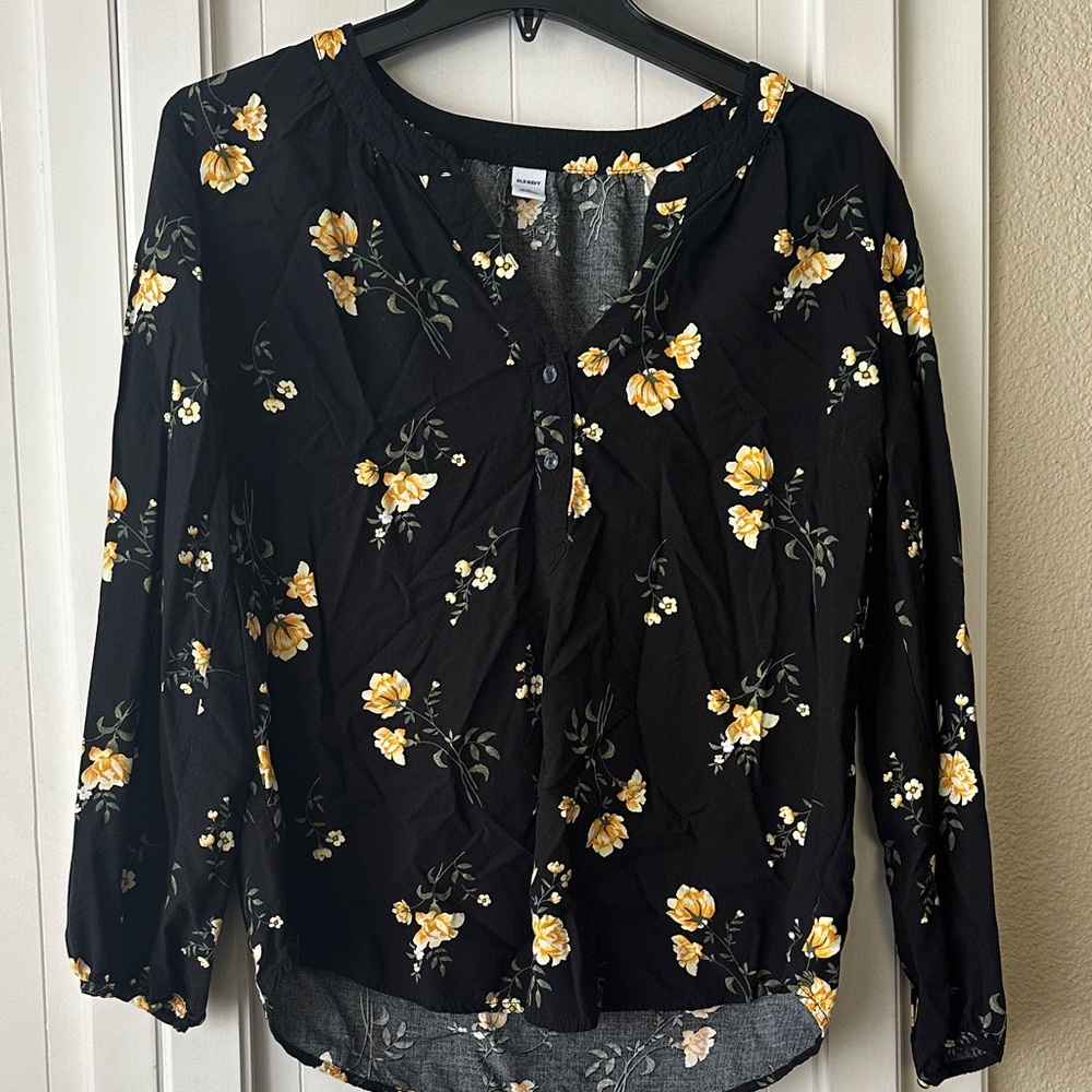 Old Navy Black Blouse with Yellow Floral Design